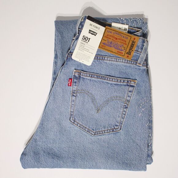 NWT $150 Levi's x Beyonce 501 Curve Light Wash Jeans Rhinestone Women Size 28x32 - Picture 7 of 15